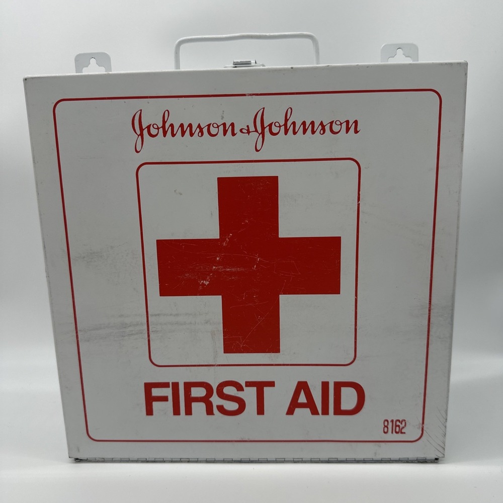 Vintage First Aid Kit Johnson & Johnson 8162 Wall Mount Metal Partial Contents